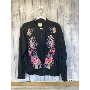 a.moss Embroidered Floral Bomber Jacket Black Lyocell Blend Size M